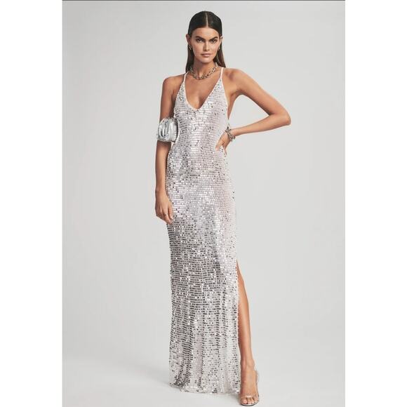 Retrofete Marie Sequin Crochet Dress in Silver and White Size XS/S NWT Maxi - Picture 1 of 15